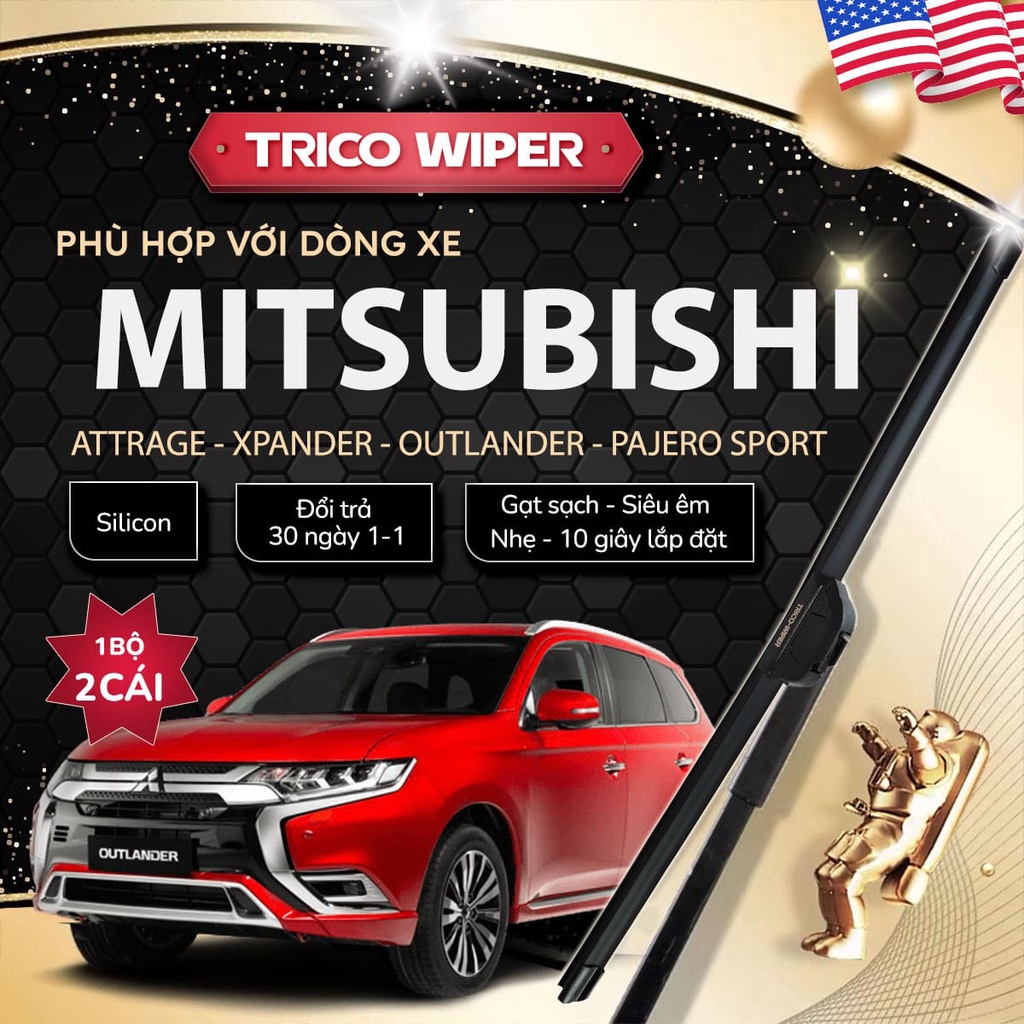 Gạt mưa ô tô MITSUBISHI, Cần gạt mưa TRICO Silicone không xương thân mềm cho xe Attrage, Xpander, Outlander, Pajero