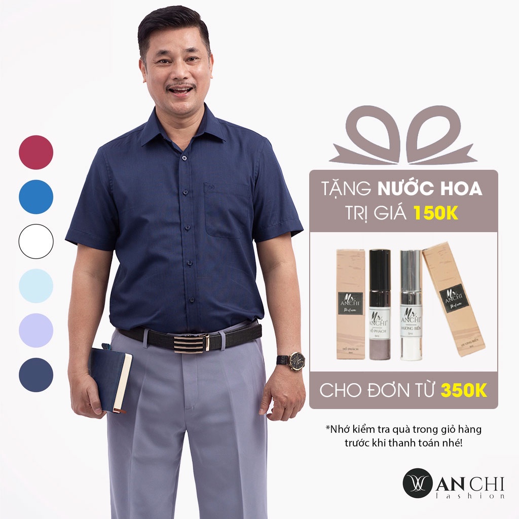 Áo Sơ Mi Nam Ngắn Tay Trung Niên ANCHI Màu Xanh Than Trơn Vải Sợi Tre Cao Cấp