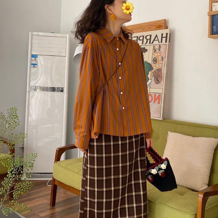 IELGY  Áo Sơ Mi Tay Dài Họa Tiết Kẻ Sọc Màu Cà Rốt Phong Cách retro Cho Nữ