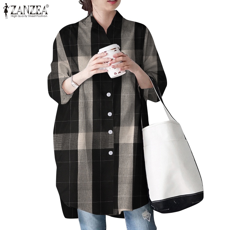 Áo sơ mi ZANZEA tay dài cổ bẻ in sọc caro phong cách Hàn Quốc cho nữ
