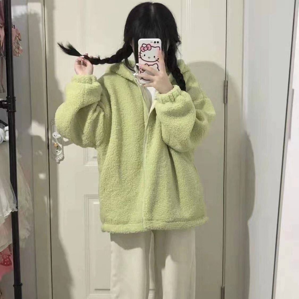 Màu xanh lá cây mùa thu và mùa đông có mũ trùm đầu lông cừu mới áo khoác rộng rãi áo len cardigan