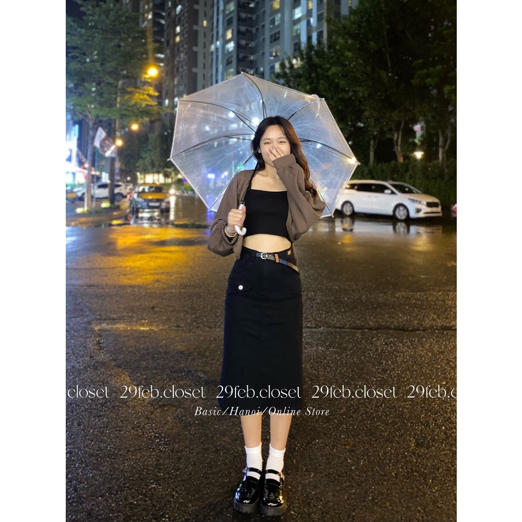 Chân váy jeans dáng dài xẻ sau kem thắt lưng - 29feb.closet - CV13