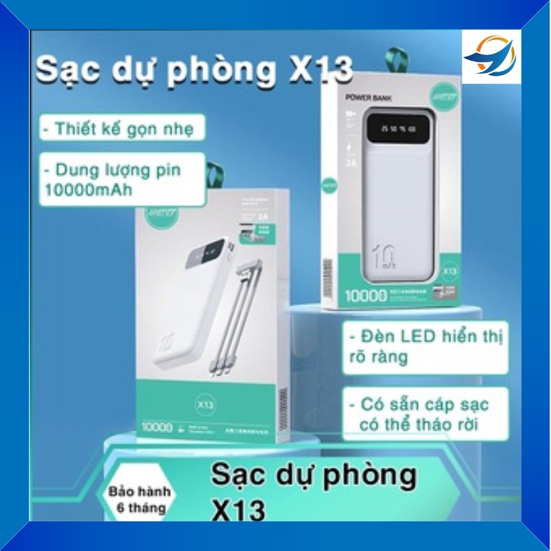 Sạc dự phòng X13 dung lượng 10000mAh, kết hợp dây sạc có thể tháo rời tiện lợi, đèn LED hiển thị lượng pin rõ ràng