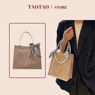 Túi cói đựng cơm dây ngọc trai với khăn quàng cổ túi xách tay tote vintage mua sắm