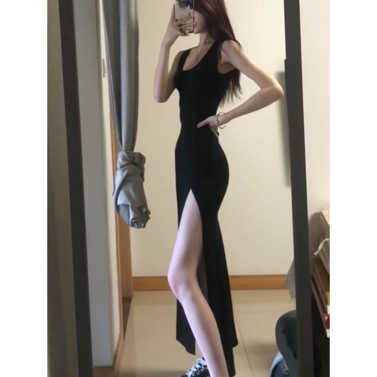 Đầm Thun Dài Qua Gối Không Tay Xẻ Tà Lưng Cao Thời Trang Mùa Hè Dành Cho Nữ