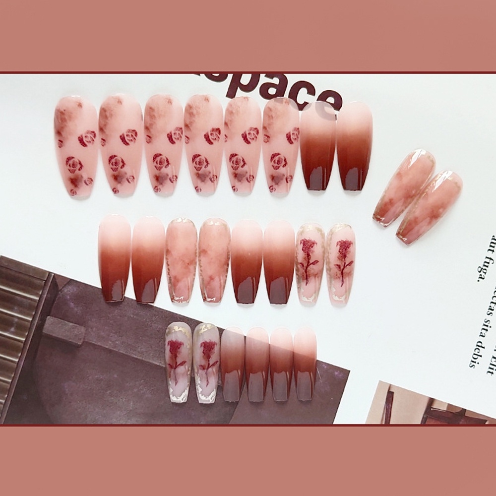 Bộ 24 móng tay giả ngắn hình hoa hồng trang trí móng cho nữ