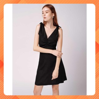 Đầm thắt nơ nữ YV LE & CO lanh màu đen hiện đại