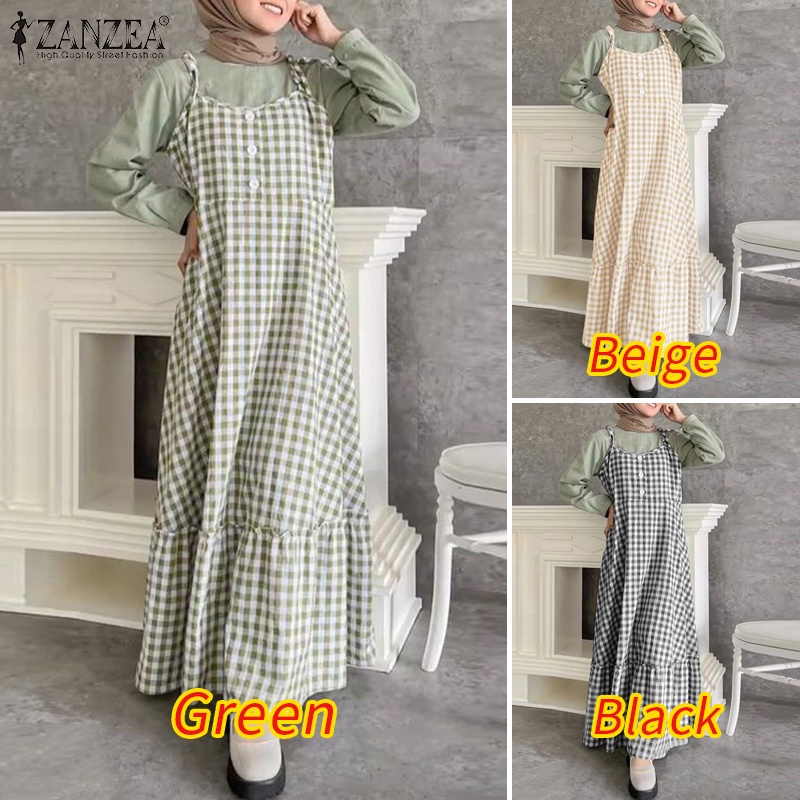 ZANZEA Đầm Hai Dây Viền Bèo Họa Tiết Caro Thời Trang Cho Phụ Nữ Hồi Giáo