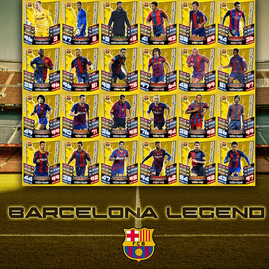 Trọn bộ 24 thẻ cầu thủ bóng đá Huyền thoại câu lạc bộ FC Barcelona kích thước thẻ Poca hoặc UK