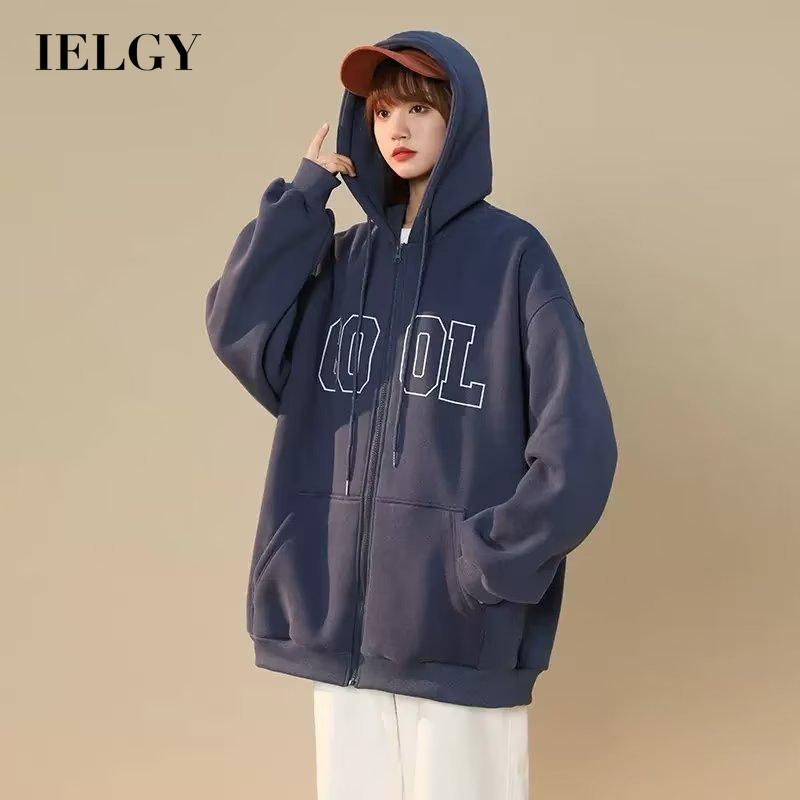 IELGY    Áo Hoodie Dáng Rộng Phối Khóa Kéo Phong Cách retro Mỹ Cho Nữ
