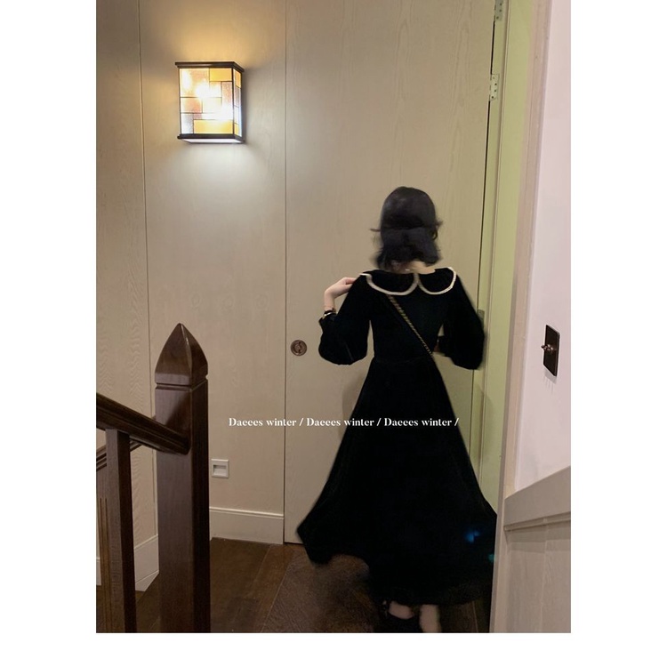 2023 Đầm midi Đen Tay Dài Phong Cách Retro Thanh Lịch Cho Nữ