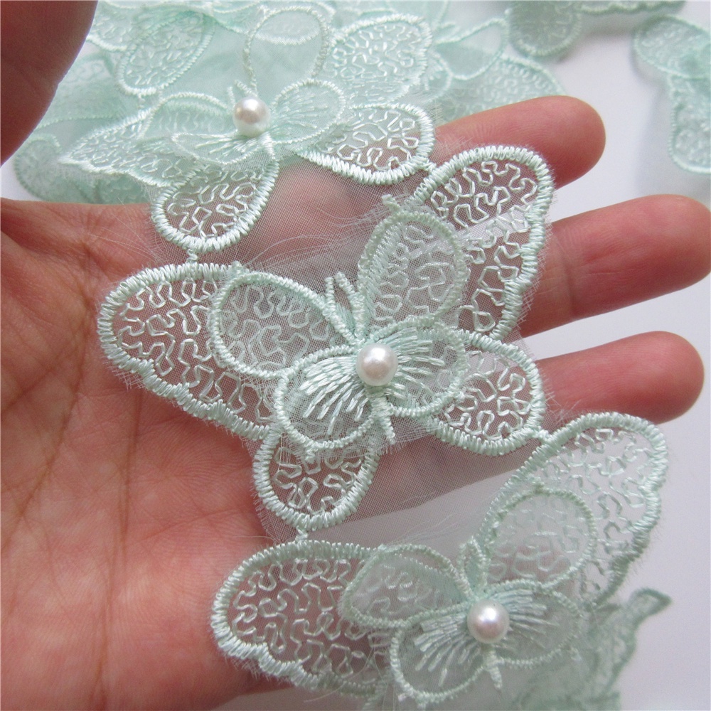 Set 10 Dây Ruy Băng Thêu Ren Hoa Bướm Hòa Tan Đính Hạt Ngọc Trai Trang Trí Đám Cưới