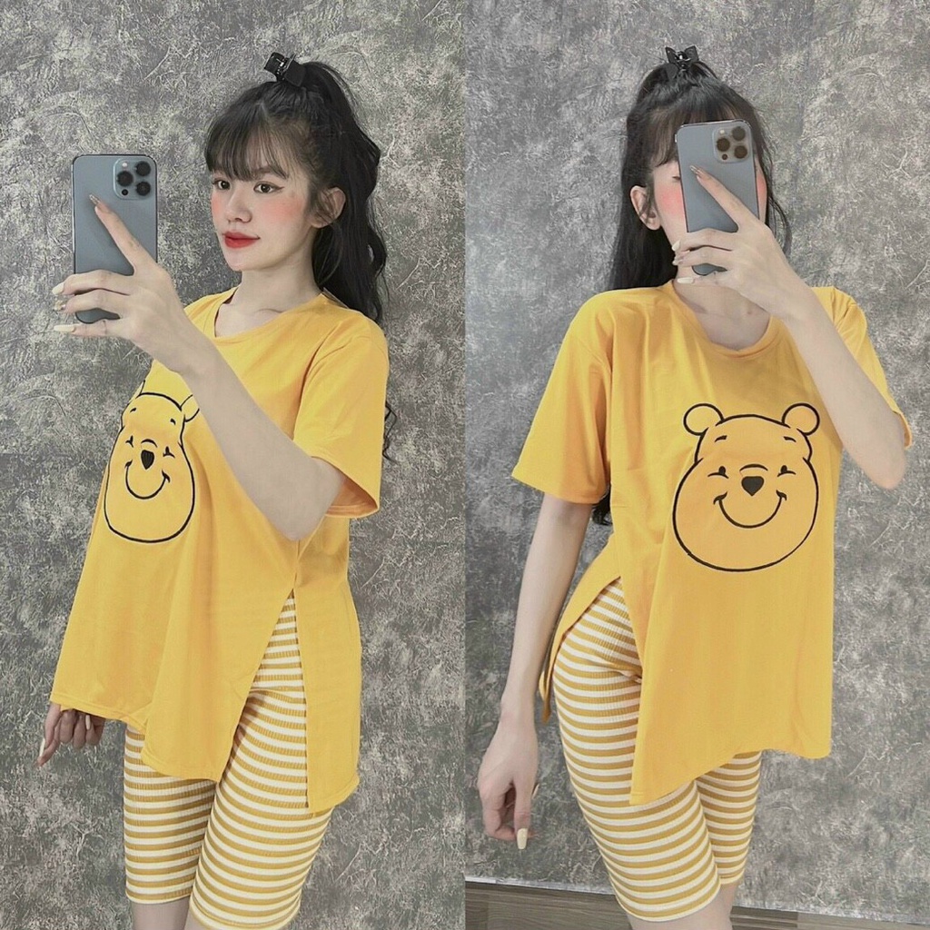 (FreeShip 2022) Sét bộ nữ thêu gấu,áo phông tay ngắn xẻ tà mix quần legging sọc,chất đẹp tone màu dễ mặc lên from siêuưn