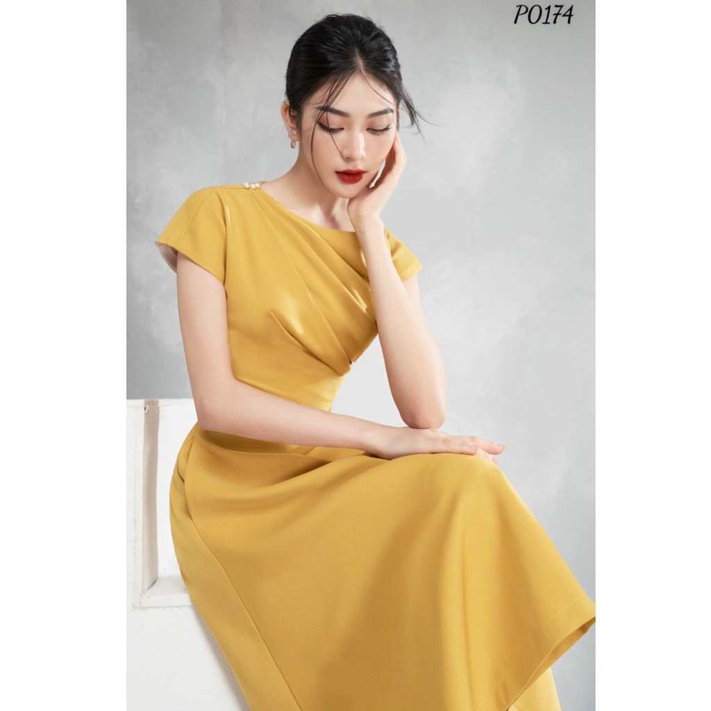 Đầm Dáng Xòe ❤️FREESHIP❤️ Cổ Tròn Ngực Xếp Ly Nhún Eo Vai Đính Hạt Túi 2 Bên