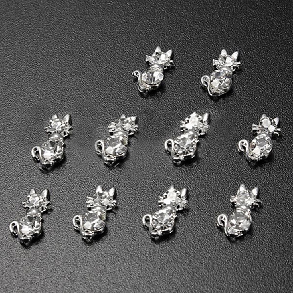 Bộ 10 Miếng Dán Móng Tay Hình Mèo Đính Đá Lấp Lánh Dễ Thương