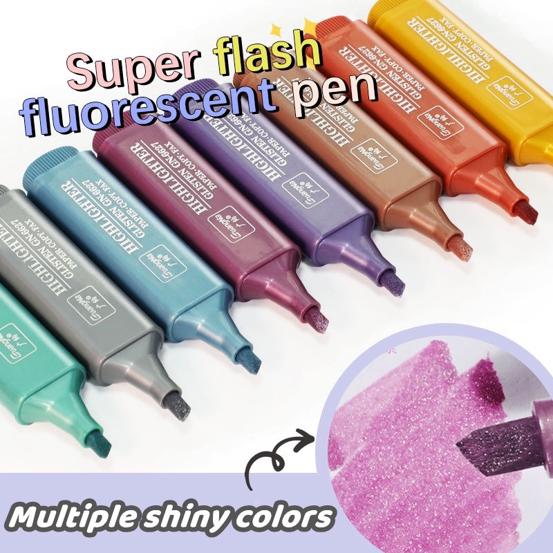 Glitter Marker Student Highlighter Pen Soft Oblique Tip Water-based Metallic Color Pen Đồ dùng học tập Văn phòng phẩm