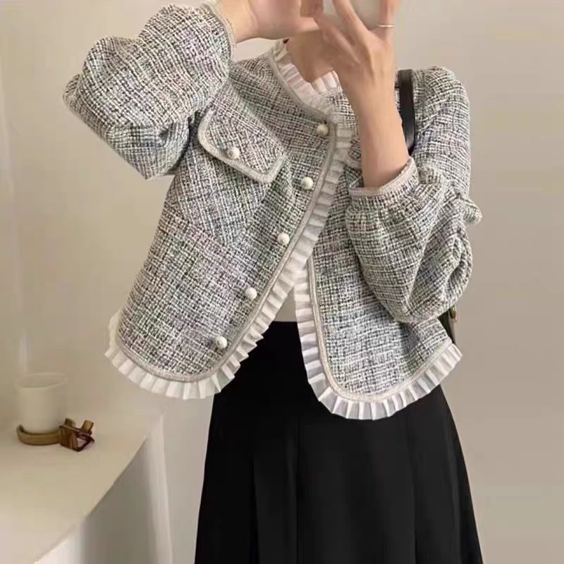 Áo dạ tweed nữ 2 lớp phối ren kiểu áo thu đong nữ dài tay mã Aodatweedphoiren