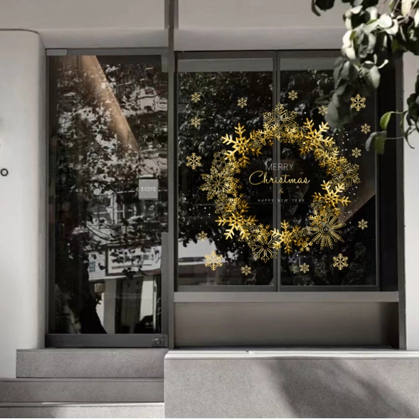 Decal trang trí Noel - Vòng nguyệt quế vàng lấp lánh