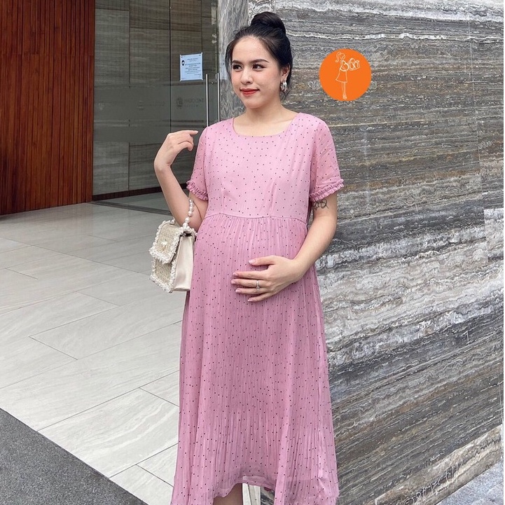 Đầm Bầu Bun Xếp Li Xoè Chấm Bi Chất Voan Lót Lụa Cao Cấp