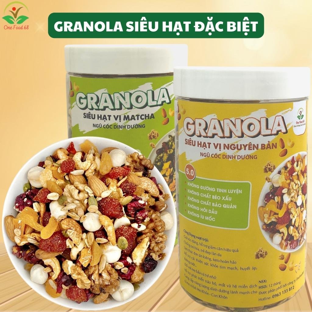 Granola Siêu Hạt OneFood68 500g, Hạt Granola Ăn Kiêng Giảm Cân Hiệu Quả Toàn Hạt Ngon ít Yến Mạch Có Thêm Hồ Đào