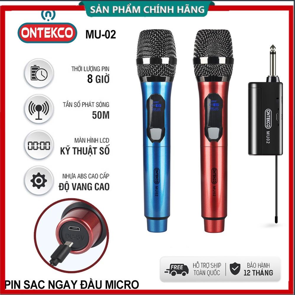 Bộ 2 Micro Karaoke ONTEKCO MU02 GOLD Không Dây Siêu Sang, Chuyên Dùng Cho Loa Kéo, Kết Nối Xa Tới 30m Qua Đầu Thu Mini