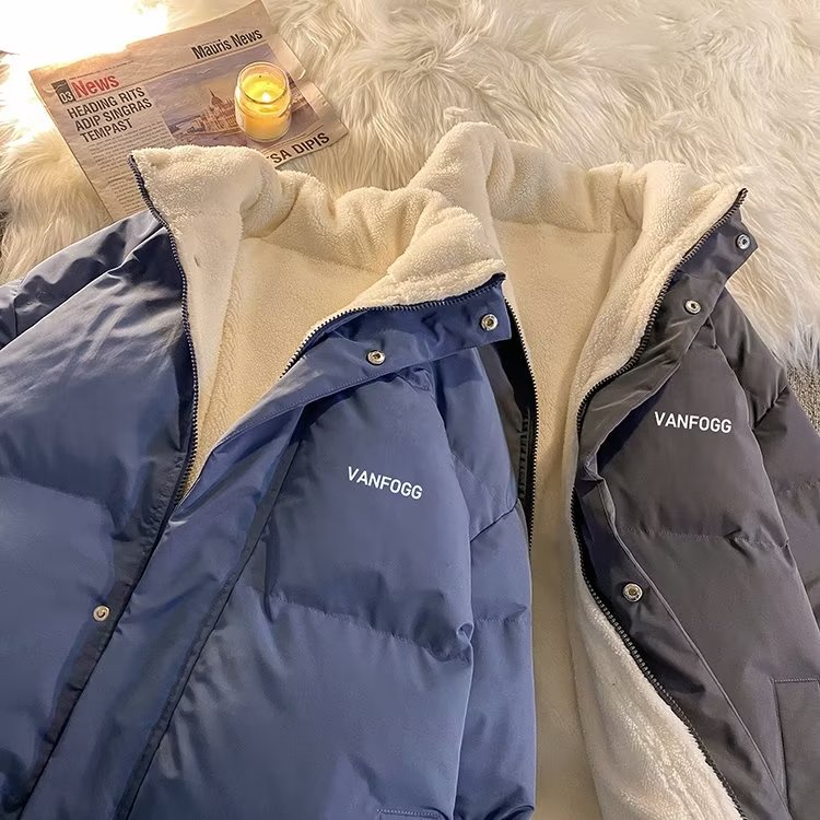 【M-3XL】Áo khoác cotton dày dáng rộng in chữ kiểu hàn quốc cá tính cho nam đơn giản màu rắn thời trang với fleece bông áo mùa đông trend coat