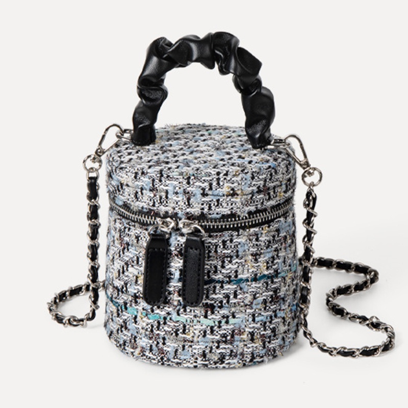 Túi Đeo Chéo Bằng Vải Len Phối Dây Xích Hình Trụ Thời Trang Dành Cho Nữ