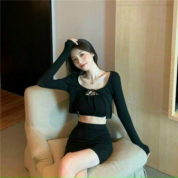 [11.11 Sale Freeship] Set bộ ba món,set thun gân áo khoác ngoài dài tay cột dây nơ kèm áo nót trong mix chân váy chữ A