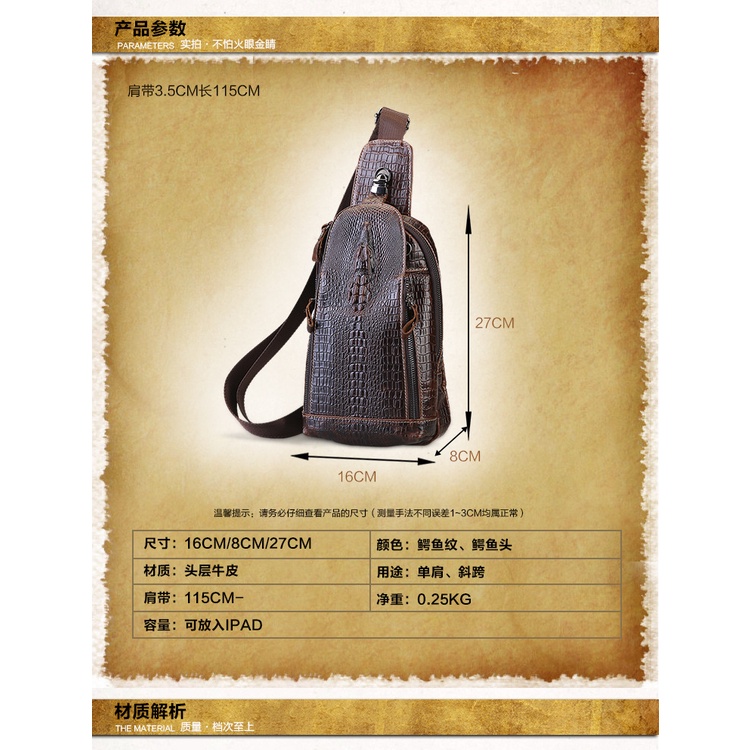 Túi Đeo Chéo Ngực Bằng Da Bò Thật Họa Tiết Da Cá Sấu ZP-039 Cho Nam