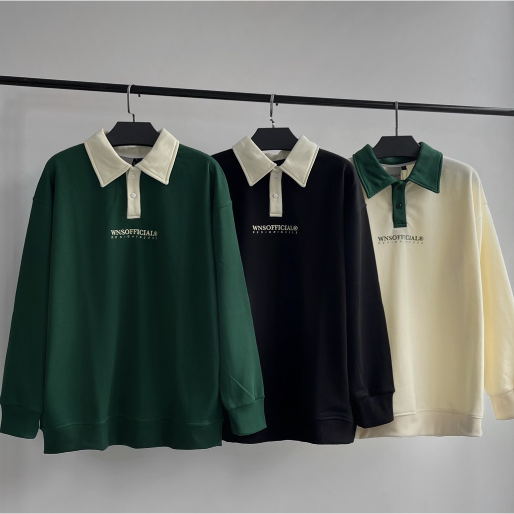 Áo polo dai tay thu đông chất nỉ chữ in ngực T268, áo sweater cổ polo nam nữ from rộng nhiều màu | BigBuy360 - bigbuy360.vn