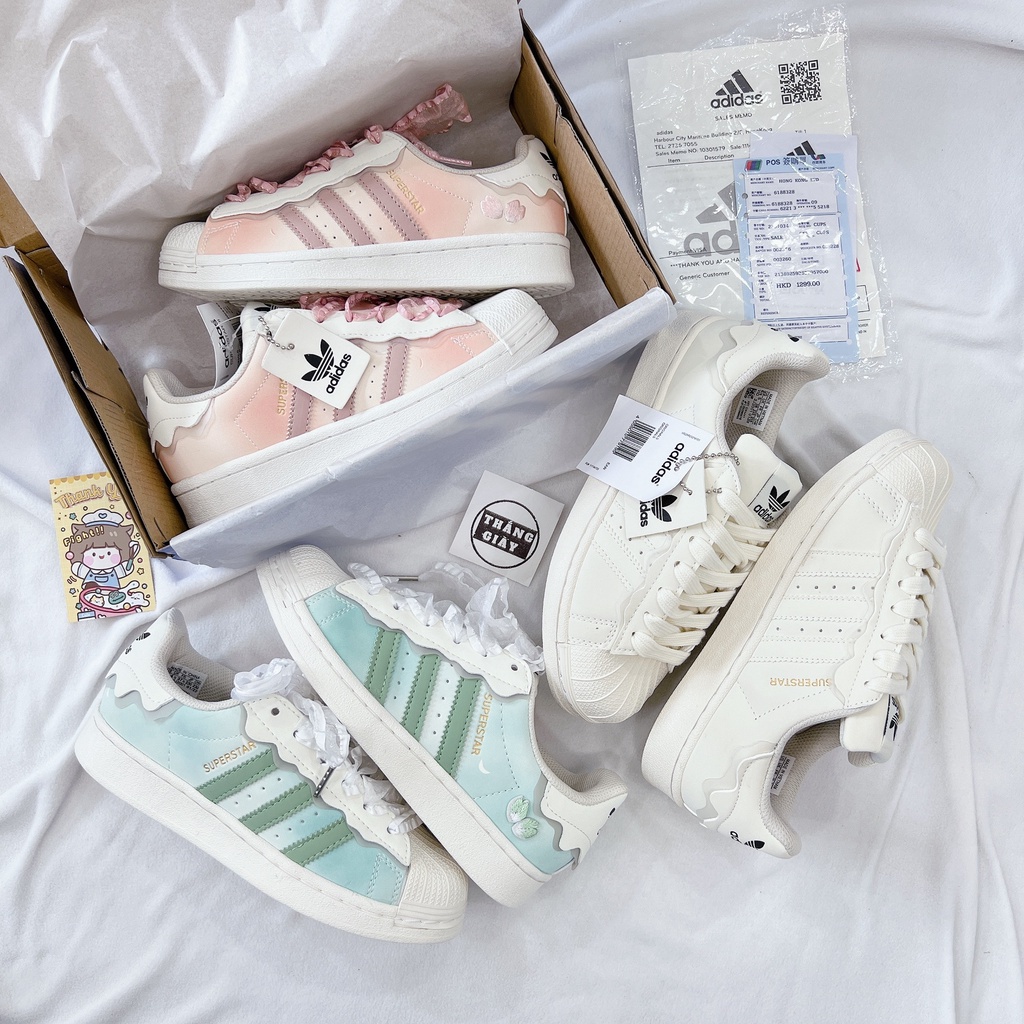 Giày thể thao nữ mẫu mới 2022 Adidas Superstar hồng, adidas sò xanh, das sò trắng 3 sọc dành cho nữ full box bill