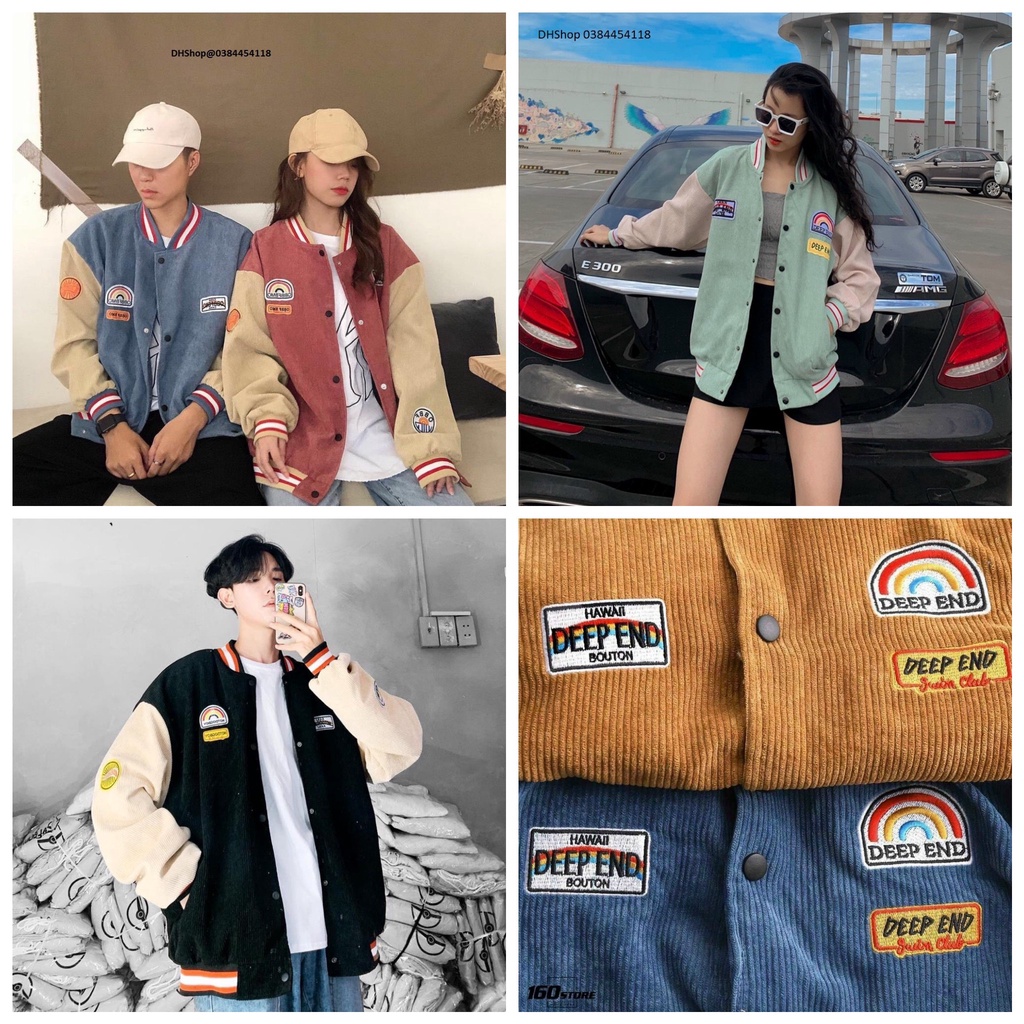 Áo khoác bomber nhung tăm unisex, varsity jacket bomber nhung tay phồng có kèm túi áo thêu deep end Bunny_035
