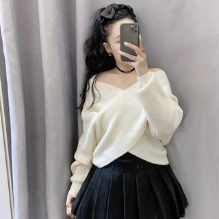 Áo len xoắn vạt chéo trễ vai sang chảnh chất len dày dặn Áo Sweater Trễ Vai