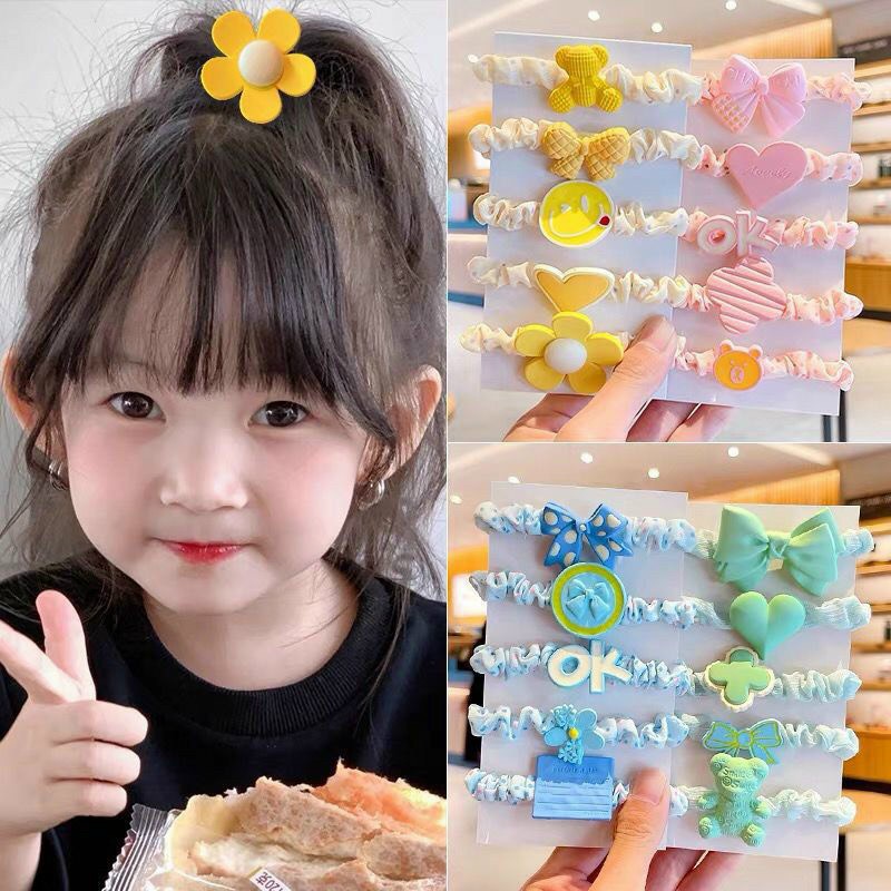 Set 5 dây cột tóc voan hoa gắn hình cho bé scrunchies hoa