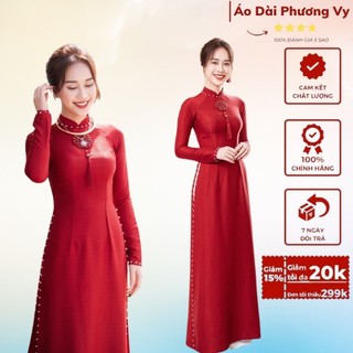 Ao Dài Cô Dâu Đỏ Lụa Vân gỗ Đỏ đính kết chữ hỉ  pha lê trước ngực. áo dài cho cho dâu mặc an hỏi