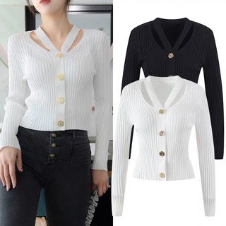 Áo len dài tay cổ chữ V cách điệu