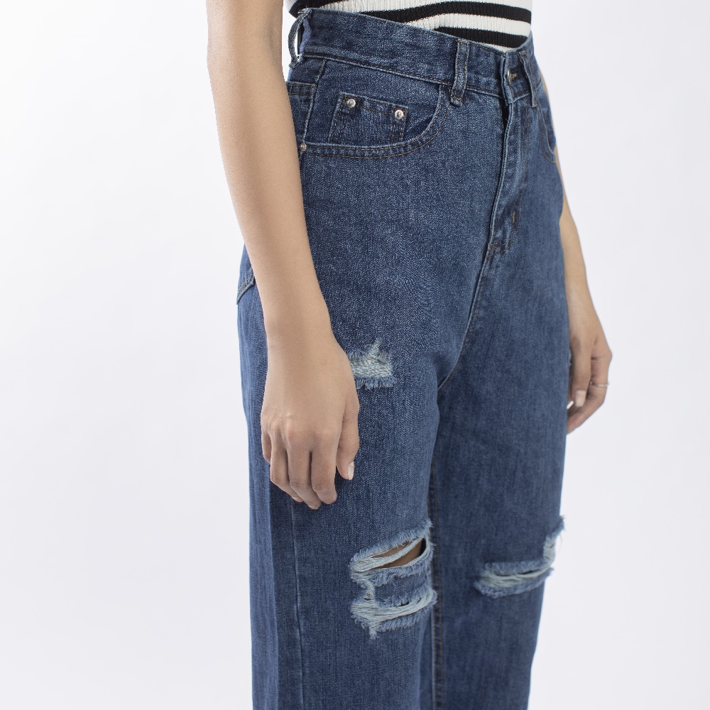 Quần baggy jean nữ rách gối cạp cao xắn gấu basic BG03 - La’coba