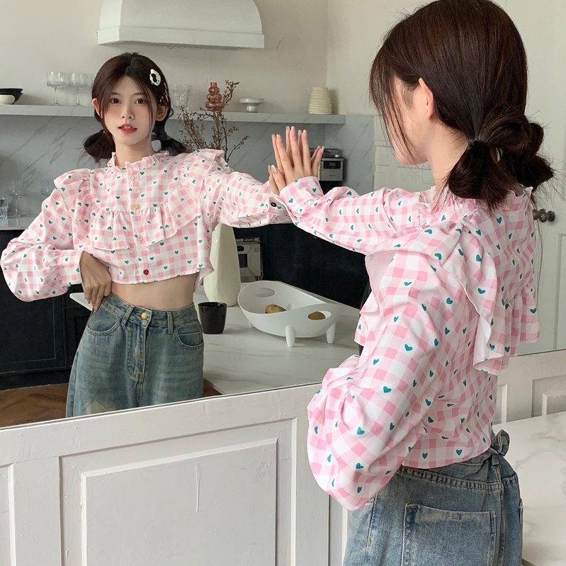 Áo sơ mi SUXI dáng ngắn tay dài in họa tiết vintage ngọt ngào cho nữ