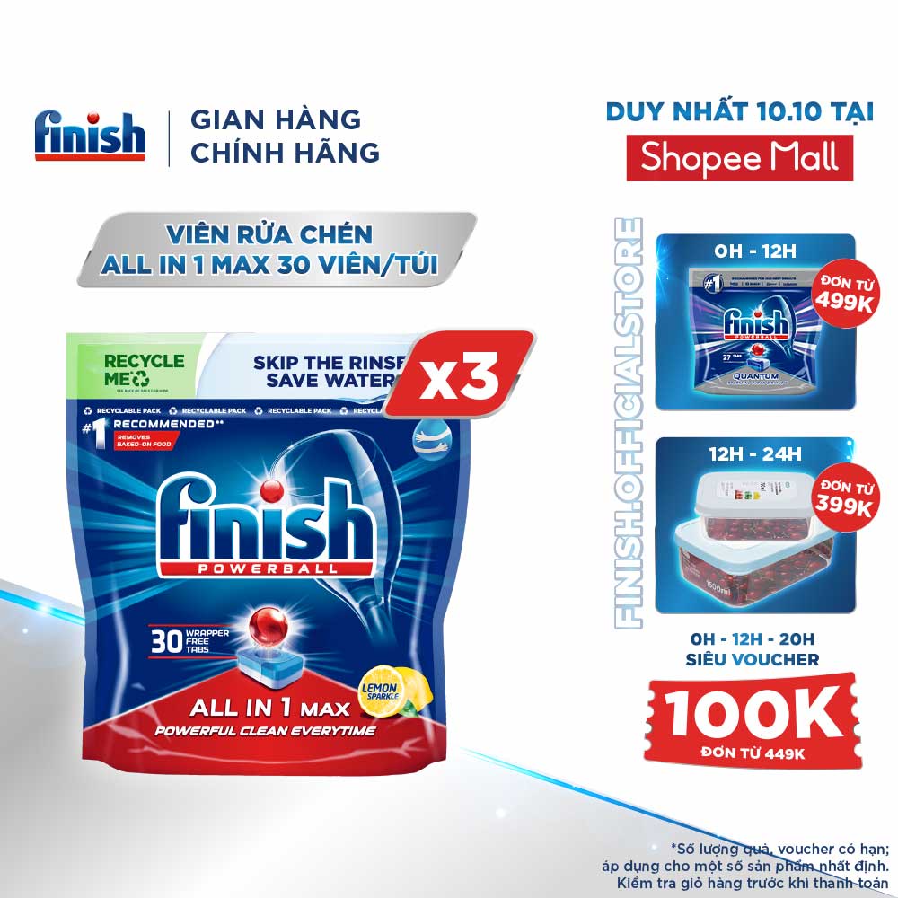 Combo 03 túi Viên Rửa Chén Bát Hương Chanh Finish Powerball All In 1 Max Lemon Sparkle 30 viên