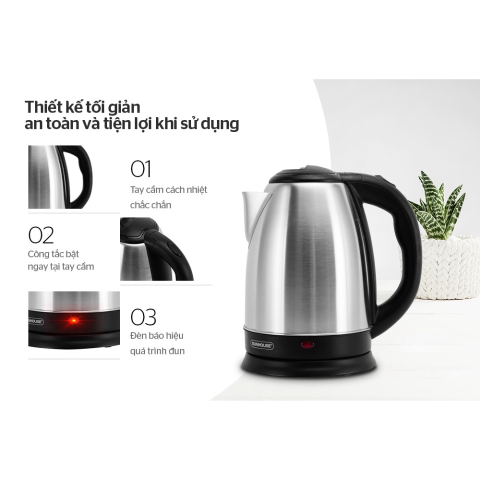 Ấm siêu tốc Inox 1,8L Sunhouse SHD1182,  Bình đun siêu tốc Sunhouse Happy time 1.8 lít HTD1081  - Bảo hành 12 tháng