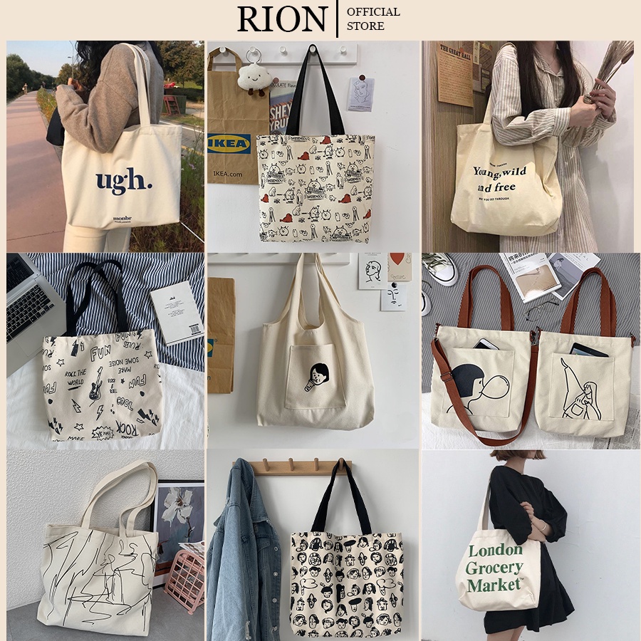 Túi Tote Đeo Chéo Cỡ Lớn Vải Canvas Đủ Mẫu Họa Tiết Đơn Giản Phong Cách Hàn Quốc Cho Học Sinh Sinh Viên Đi Học Đi Chơi
