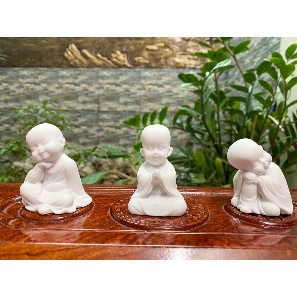 Bộ Chú Tiểu Tam Không, Yêu Đời, Tự Tại, An Yên Đá đúc Trắng trang trí bàn làm việc, nhà cửa, quà tặng PT80