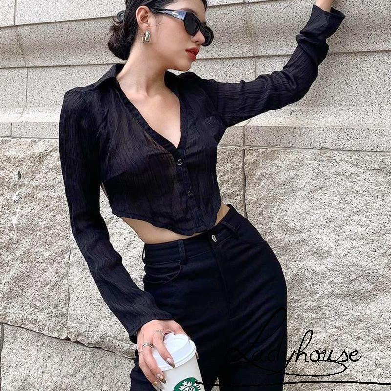 Áo Sơ Mi Crop Top Tay Dài Hở Lưng Màu Trơn Cài Nút Dành Cho Nữ