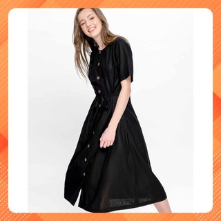 Đầm ngắn tay nữ YV LE & CO vải Linen màu vàng duyên dáng