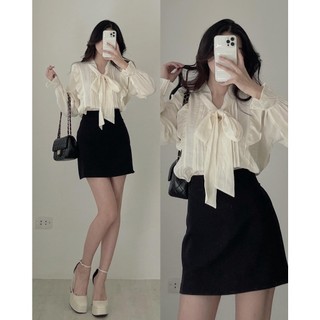 S9902 Set áo tơ cổ bèo nơ to bản kèm chân váy chữ A có quần trong khóa zip AUDREY