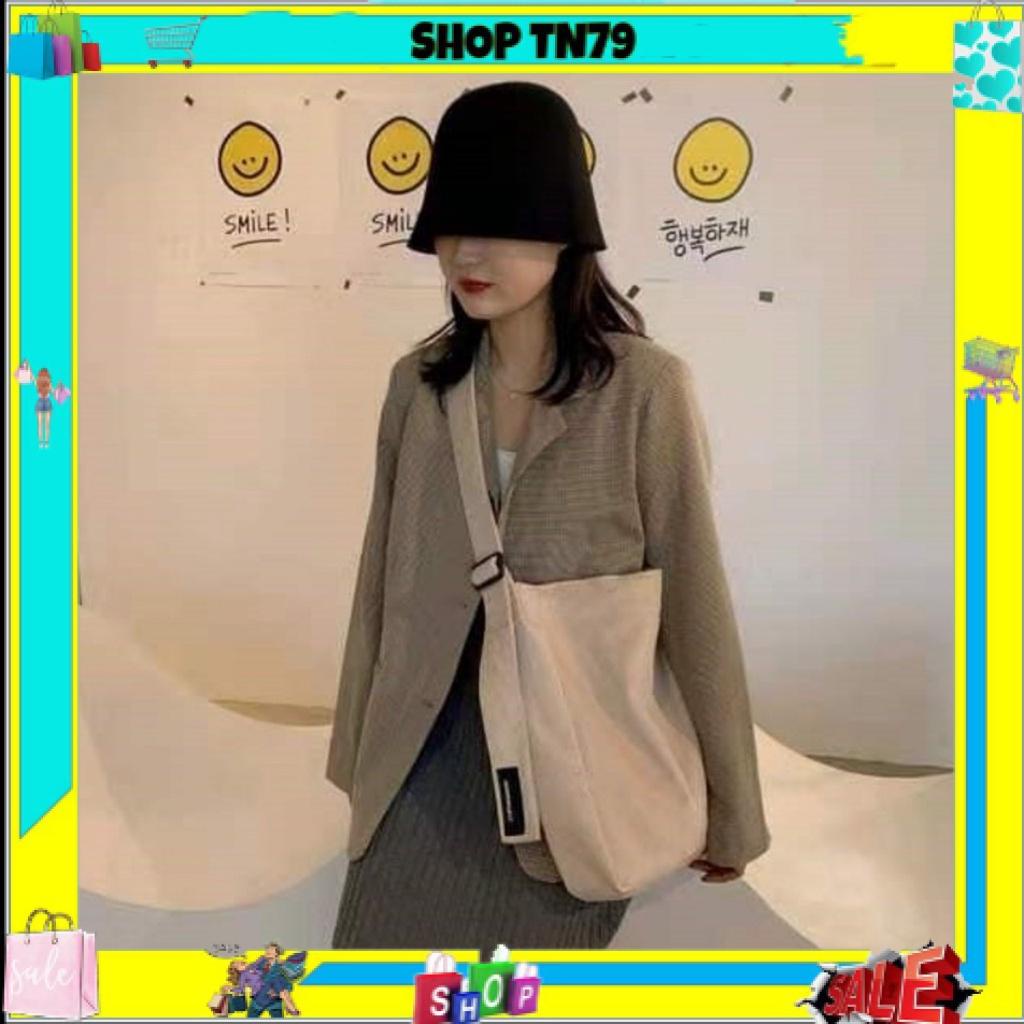 Túi tote đeo chéo đeo vai vải nhung trơn 2 màu hồng kem để laptop đi học đi chơi TX-05