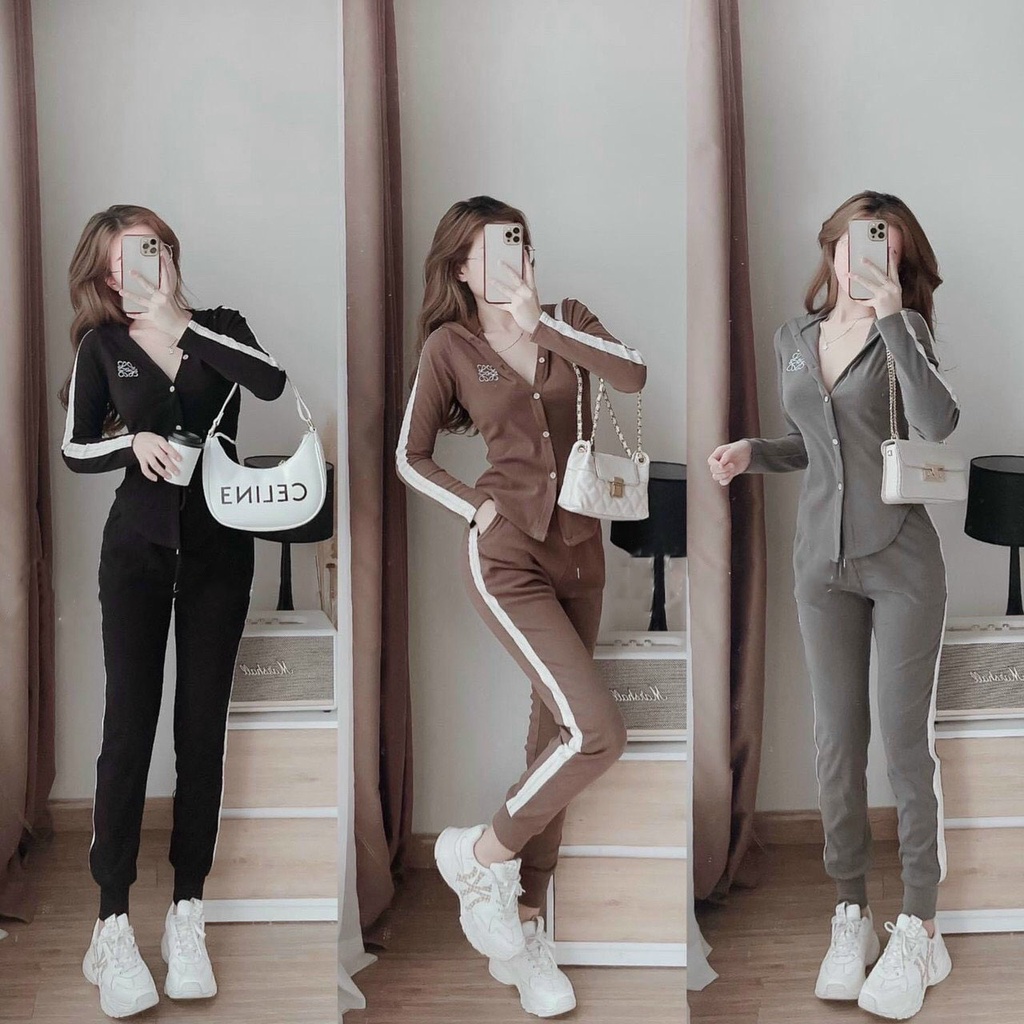 Set Bộ Đồ Bữ Áo Hoody Cổ Trễ Đính Nút Kết Hợp Quần Baggy Cá Tính Năng Động