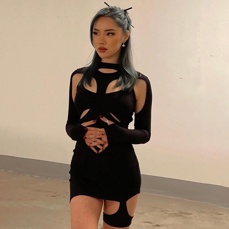 Đầm body sexy ngắn Dài tay Dạo phố Đi chơi bar pub Váy đầm Ôm body Hở lưng Dáng ngắn Tay dài Khuyết ngực Quyến rũ