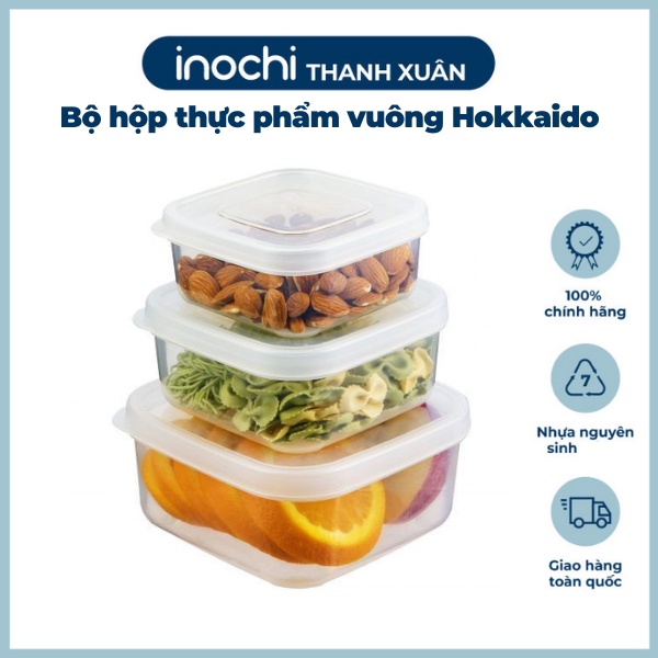 Bộ 3 Hộp Nhựa Đựng Thực Phẩm Hokkaido Inochi Vuông - Nhựa Cao Cấp Trong Suốt Bền Kín Chịu Nhiệt Cao Tiêu Chuẩn Nhật