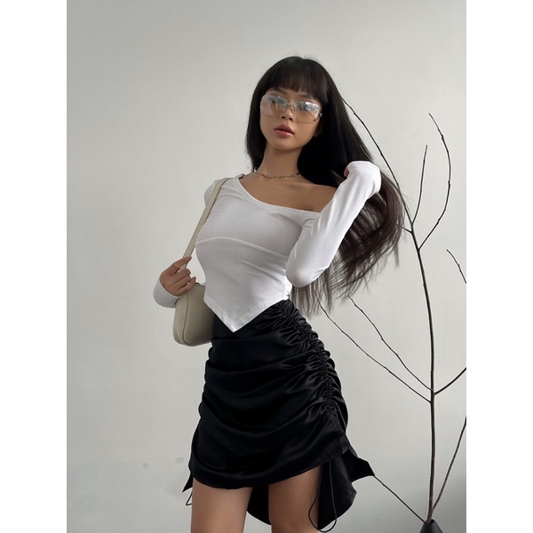 Katy top áo thun tay trễ vai ONhousechất thun gân mix chân váy Lụa đi tiệc có thể điều chỉnh độ dài váy tạo độ nhúng